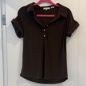 Dark Brown Short Sleeve Button-Front Polo Blouse